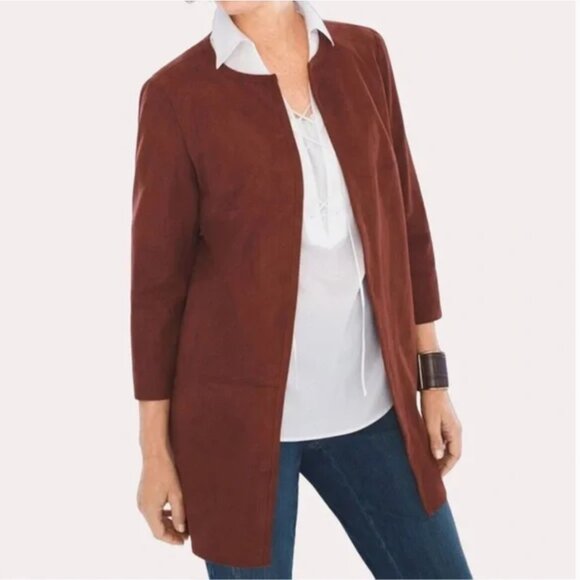 Chico's Jackets & Blazers - Chico’s Open Front Faux Suede Long Jacket in Rust Brown